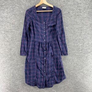 Wrap Shirt Dress Women 4 Blue Plaid Midi Button Up Round Neck Long Sleeve Cotton